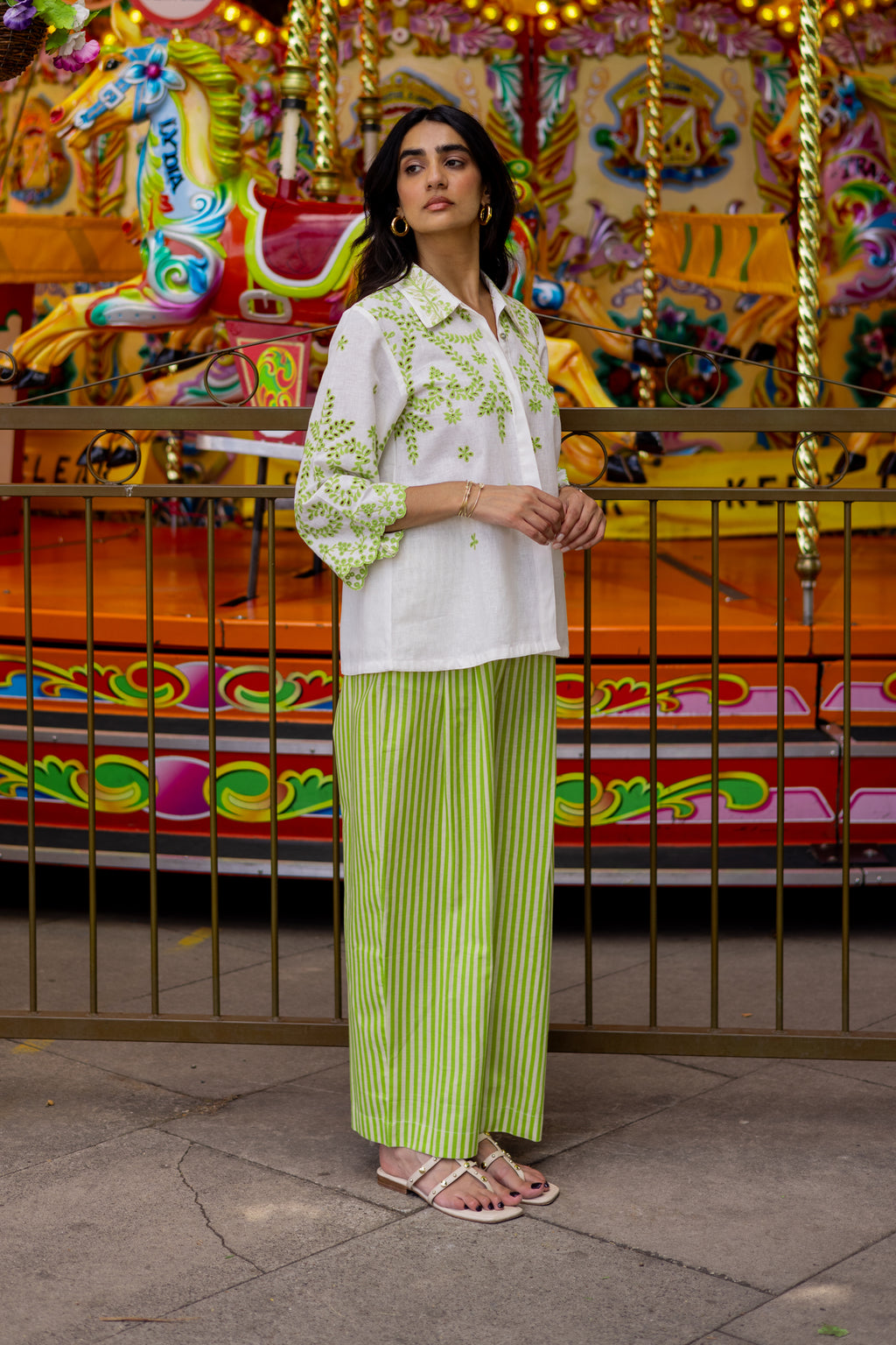 Stylish White Cutwork Linen Top and Green Striped Pants Set