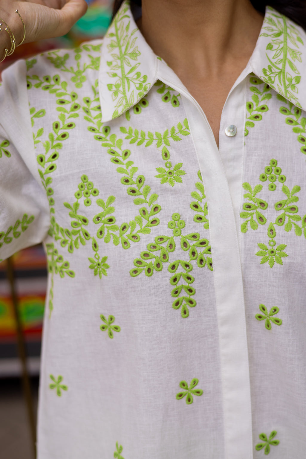 Stylish White Cutwork Linen Top and Green Striped Pants Set