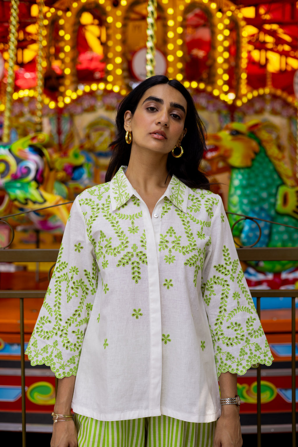 Stylish White Cutwork Linen Top and Green Striped Pants Set