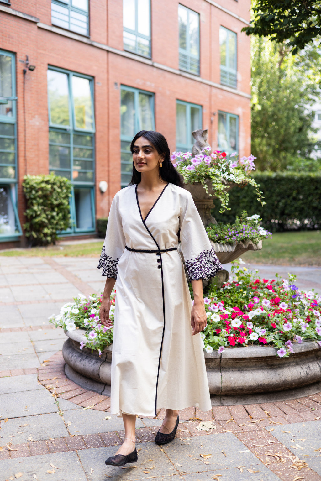 Elegant Cream Meadow Linen Dress with Cutwork Detailing