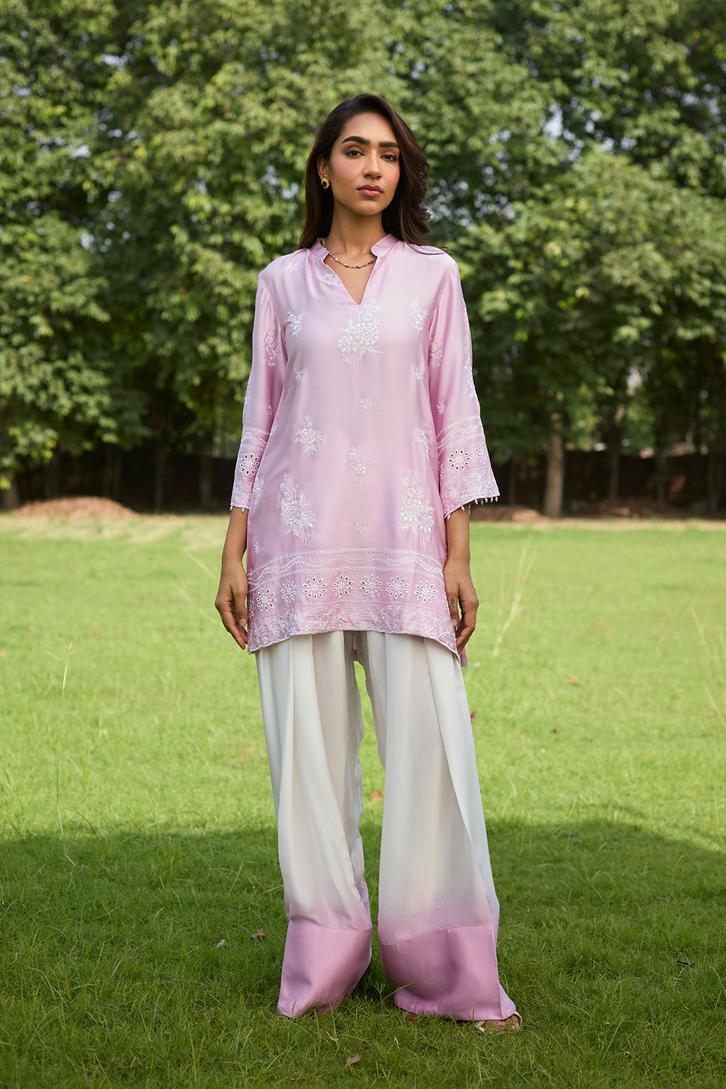 Traditional Pink Ombre Farshi Salwar Set with Embroidery