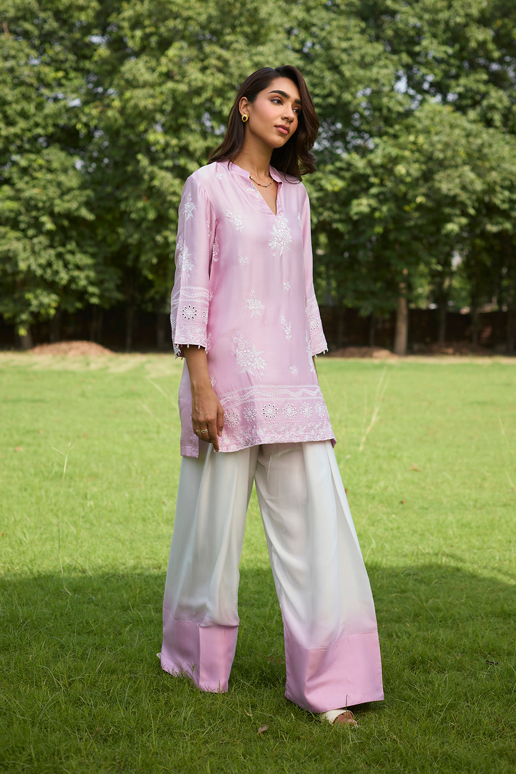 Traditional Pink Ombre Farshi Salwar Set with Embroidery