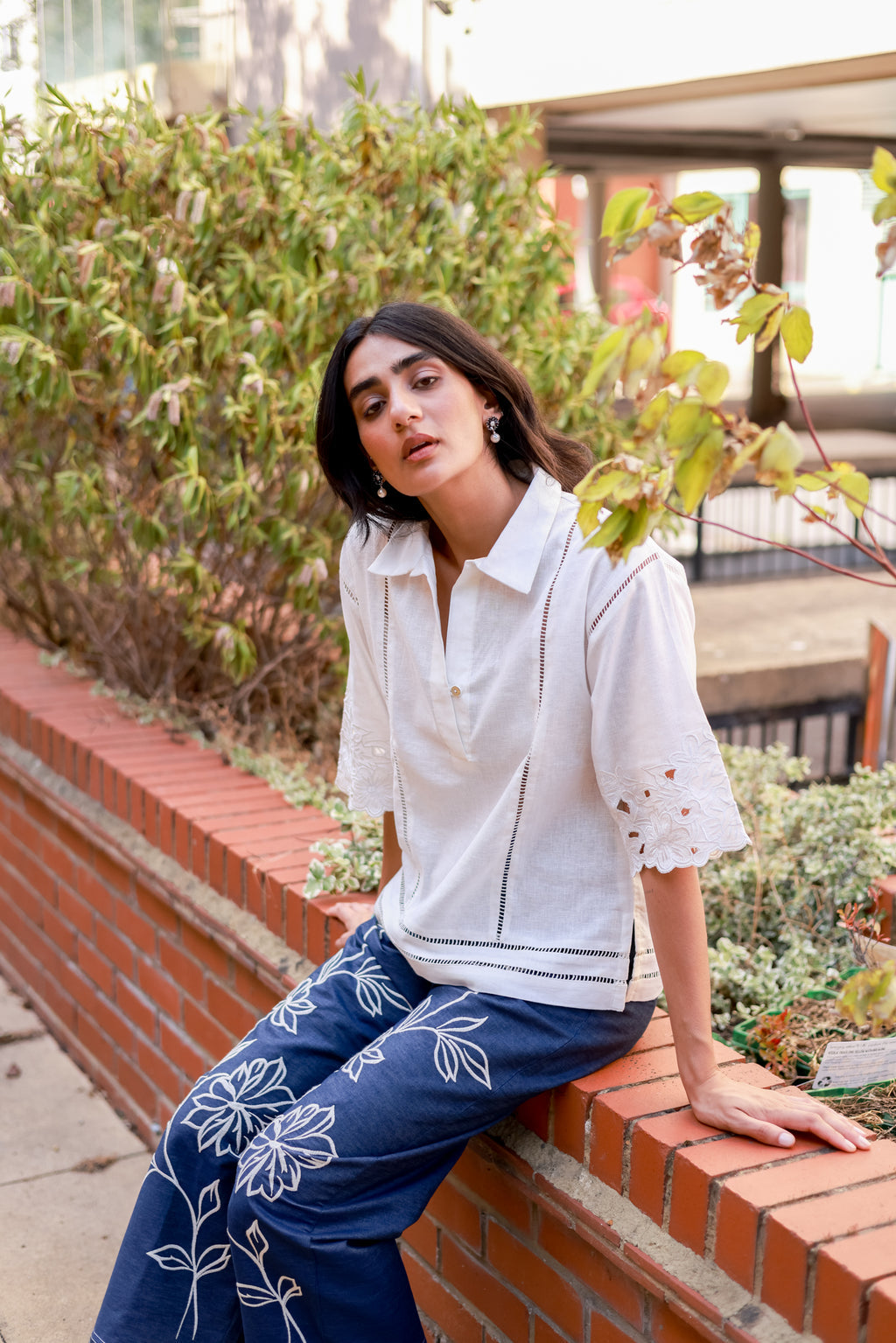 Stylish White Cutwork Linen Top and Denim Embroidered Pants Set