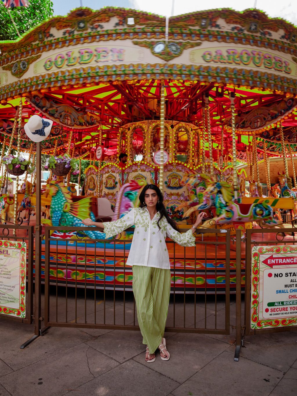 Stylish White Cutwork Linen Top and Green Striped Pants Set