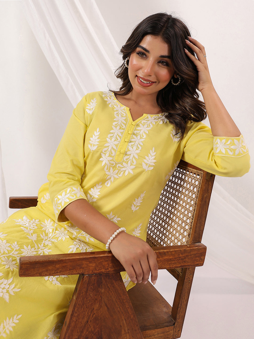 Sunlit Charm Yellow Cotton Embroidered Straight Kurta