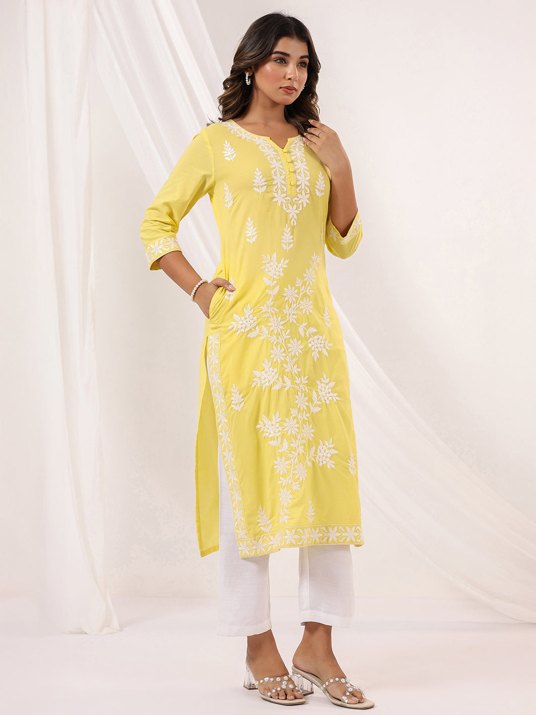Sunlit Charm Yellow Cotton Embroidered Straight Kurta