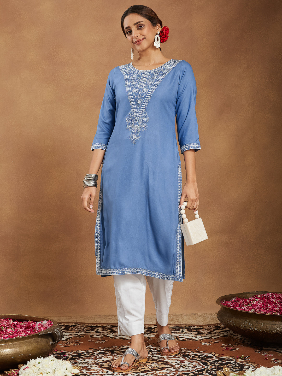 Elegant Sky Blue Embroidered Rayon Kurta for Women