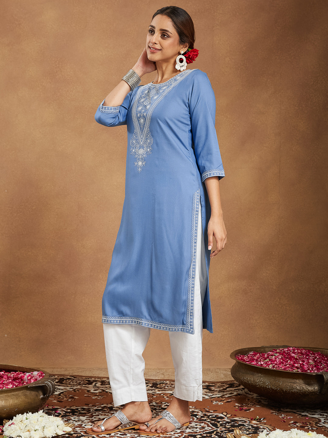 Elegant Sky Blue Embroidered Rayon Kurta for Women