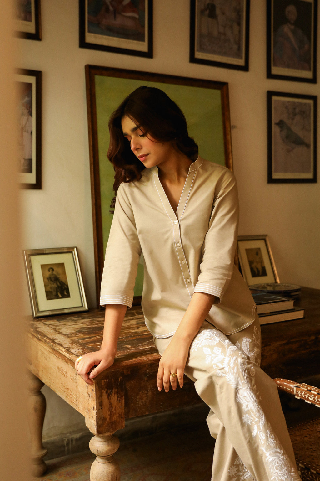 Elegant Beige Linen Floral Embroidered Outfit