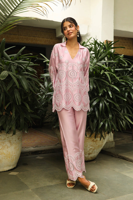 Trendy Pink Delight Embroidered Co-ord Set for Women