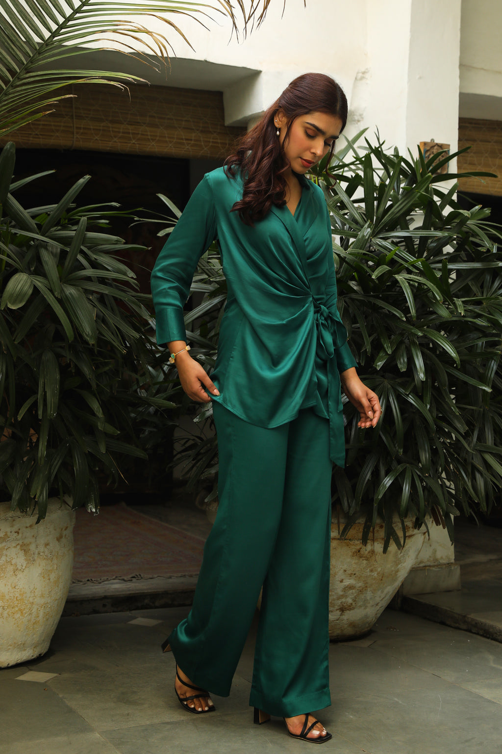 Trendy Bottle Green Flowy Two-Piece Co-Ord Set