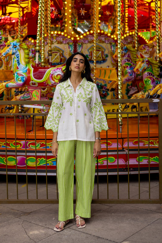 Stylish White Cutwork Linen Top and Green Striped Pants Set