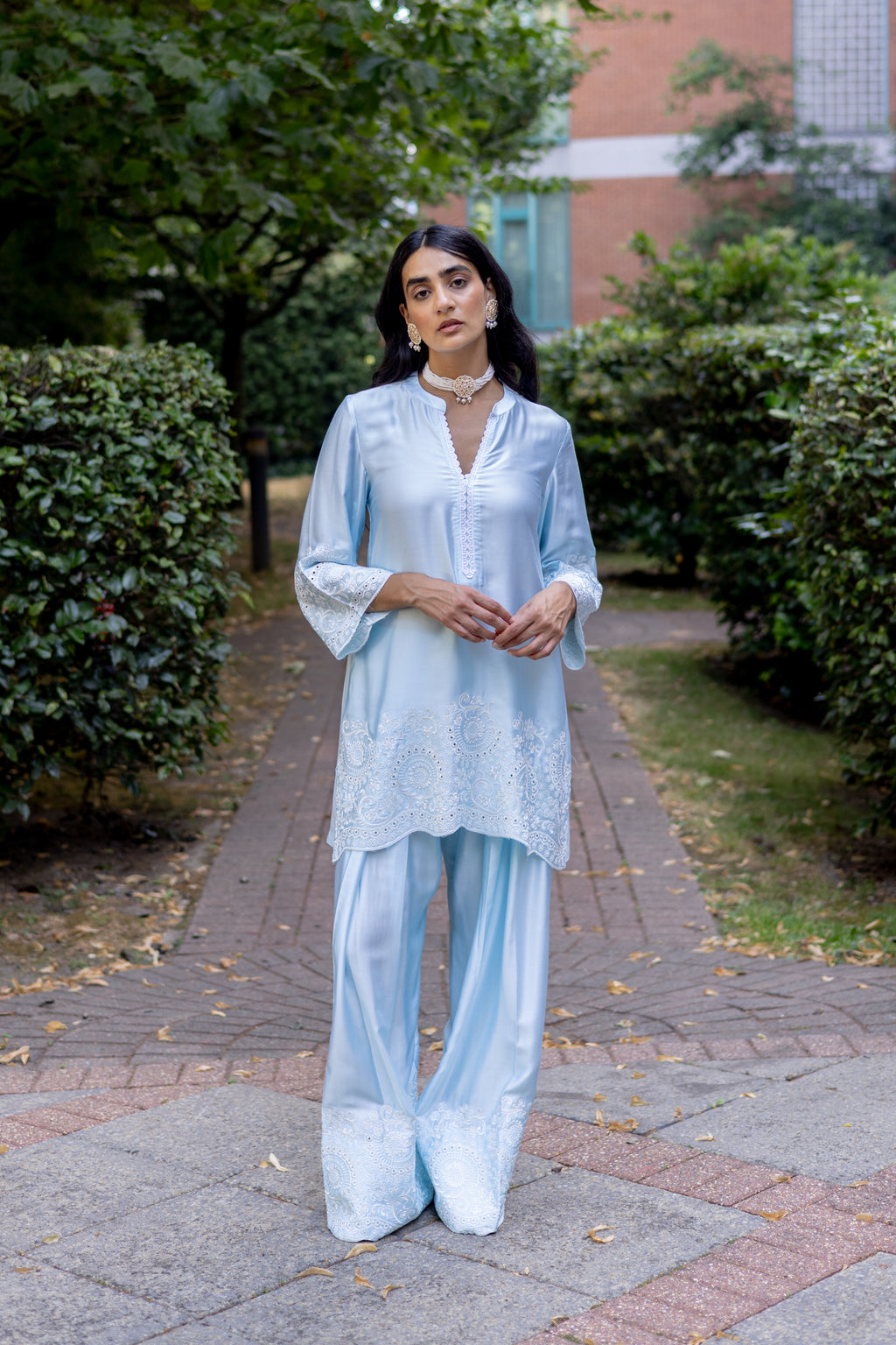 Traditional Light Blue Embroidered Farshi Salwar Outfit