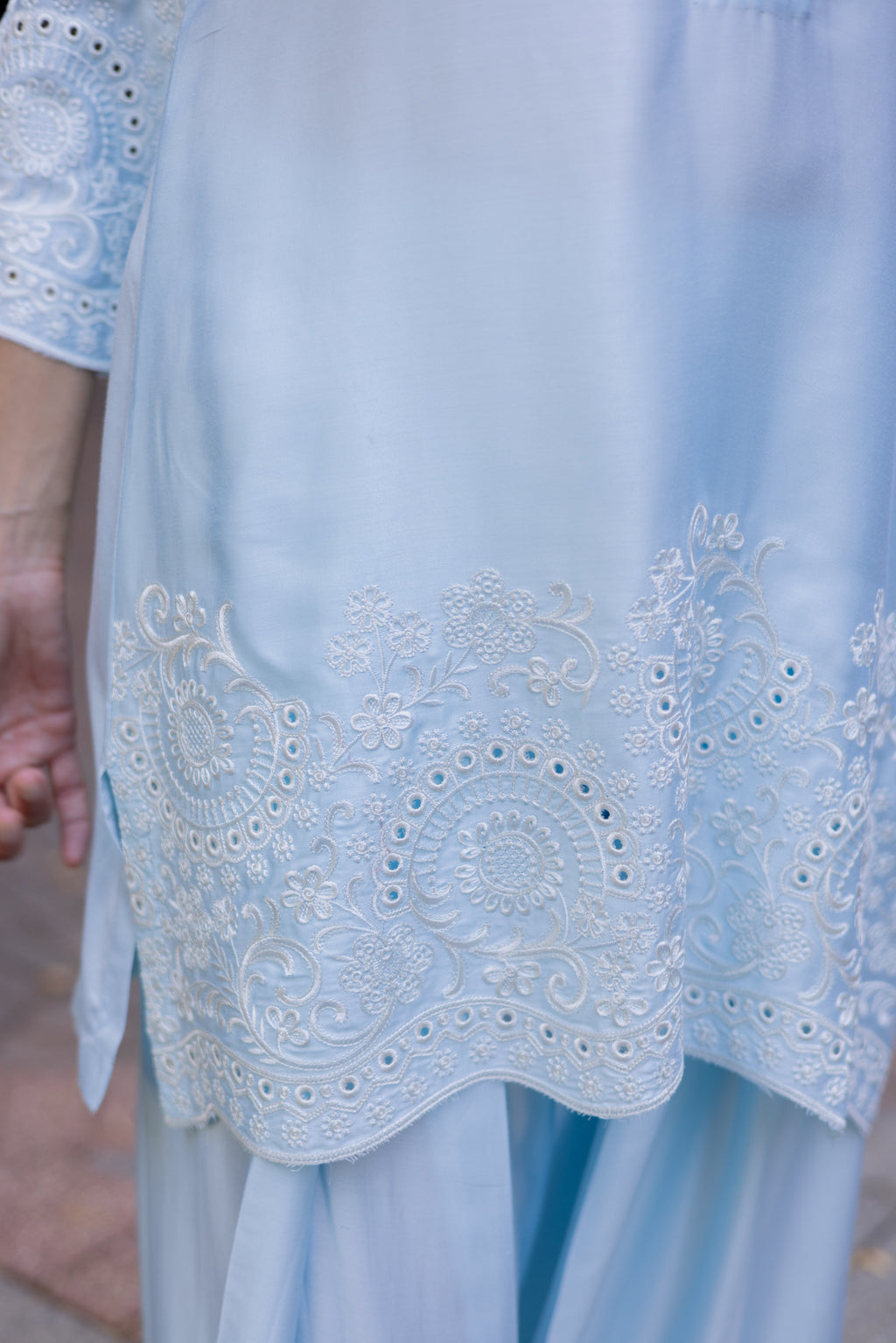 Traditional Light Blue Embroidered Farshi Salwar Outfit