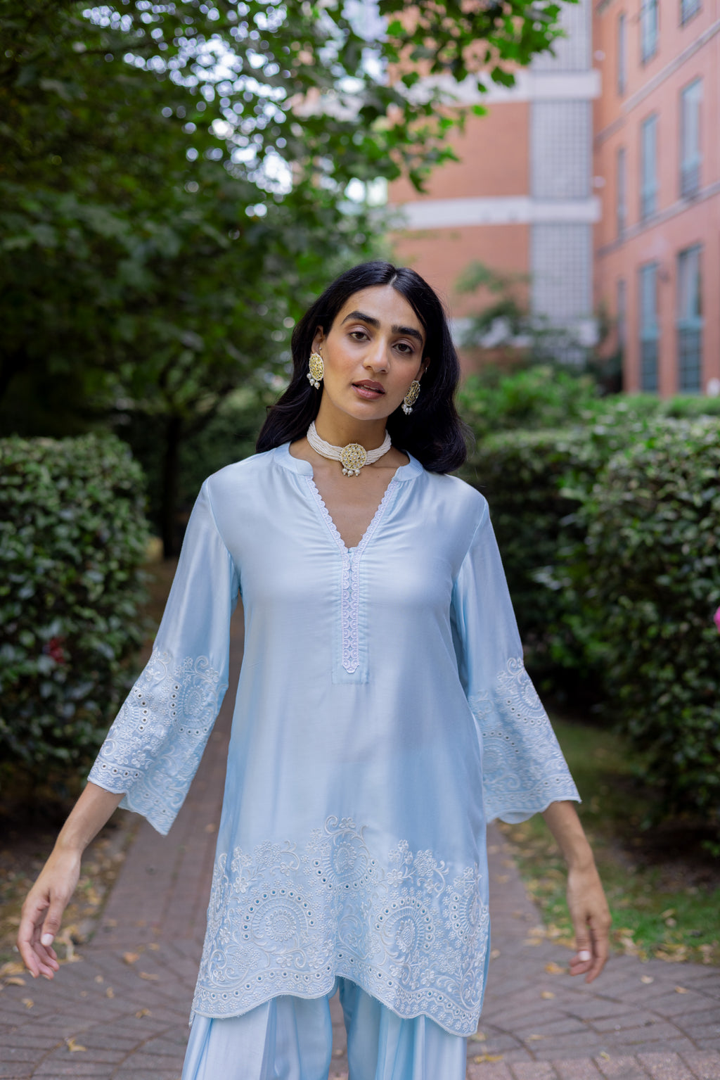 Traditional Light Blue Embroidered Farshi Salwar Outfit
