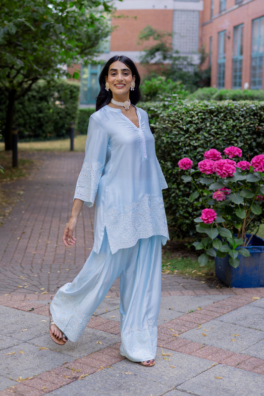 Traditional Light Blue Embroidered Farshi Salwar Outfit
