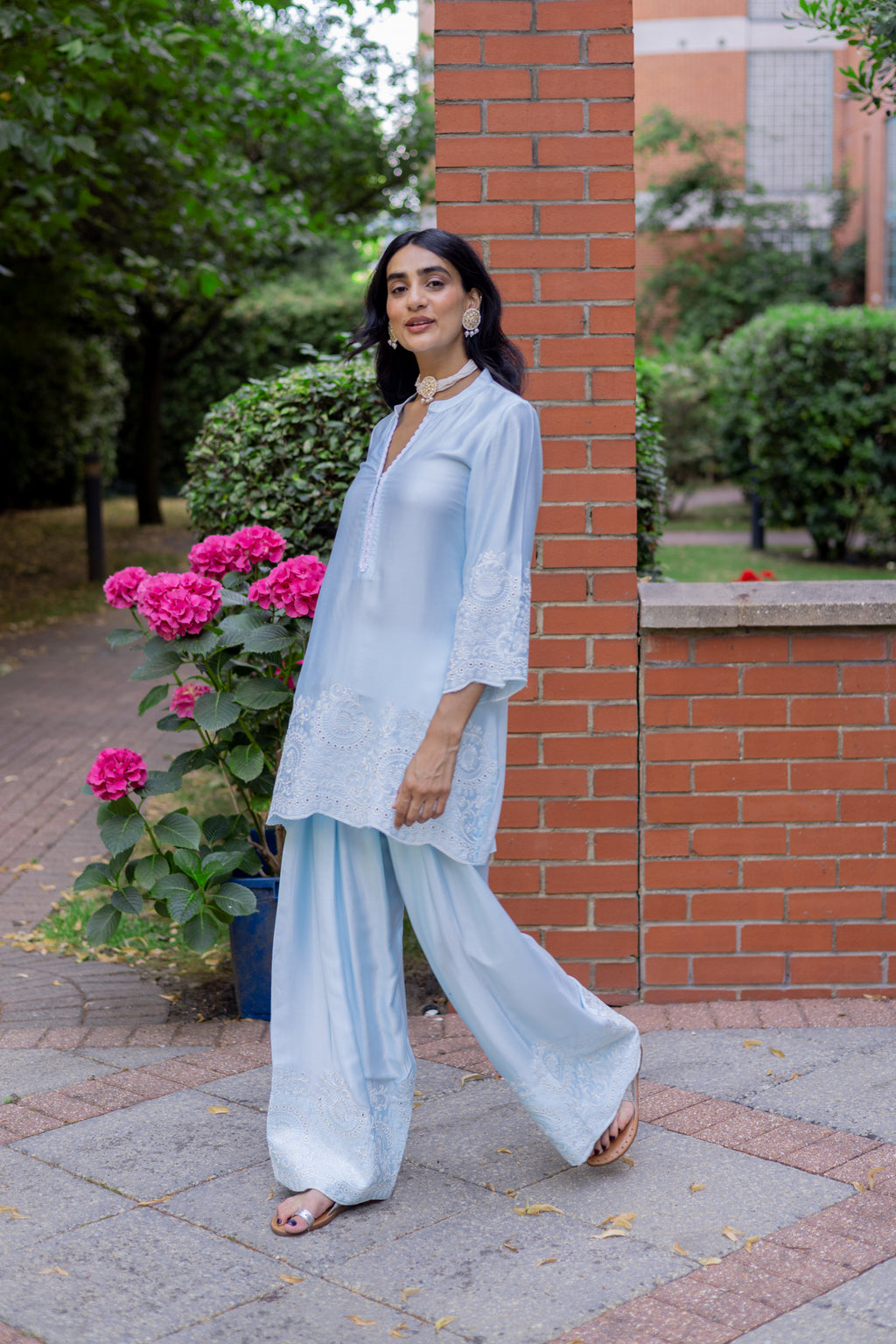 Traditional Light Blue Embroidered Farshi Salwar Outfit