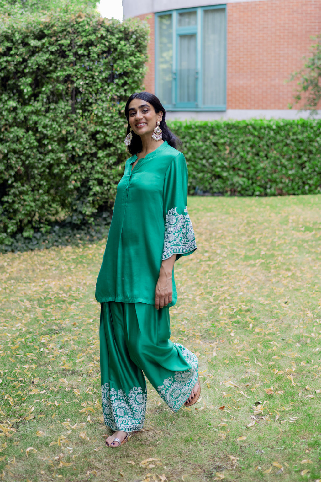 Emerald Green Embroidered Farshi Salwar Suit for Women