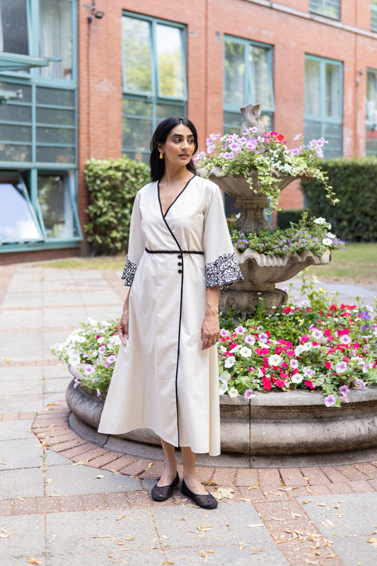Elegant Cream Meadow Linen Dress with Cutwork Detailing