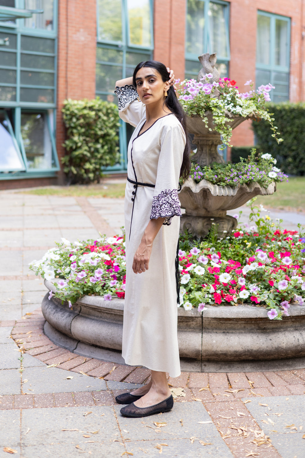 Elegant Cream Meadow Linen Dress with Cutwork Detailing