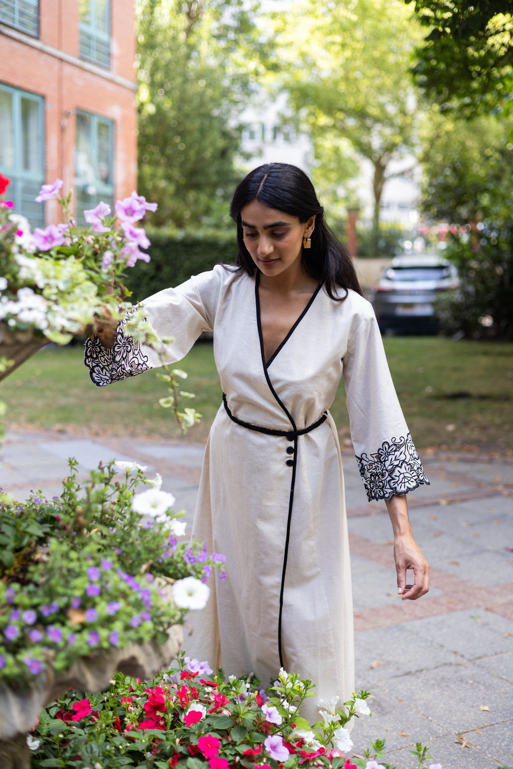 Elegant Cream Meadow Linen Dress with Cutwork Detailing