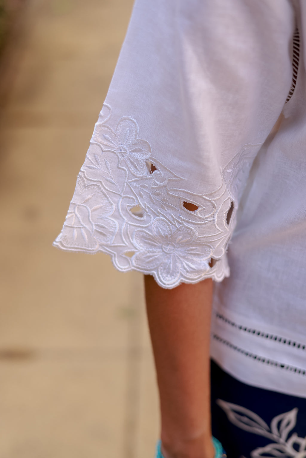 Stylish White Cutwork Linen Top and Denim Embroidered Pants Set