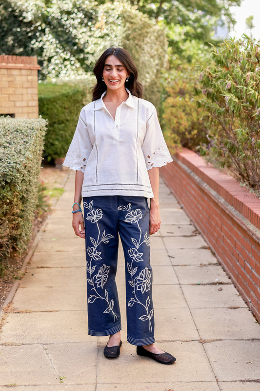 Stylish White Cutwork Linen Top and Denim Embroidered Pants Set