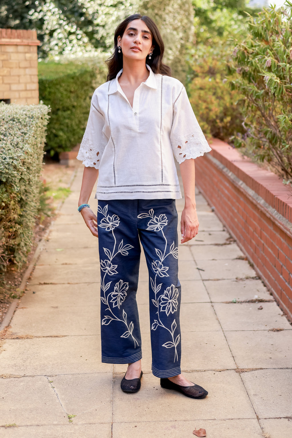 Stylish White Cutwork Linen Top and Denim Embroidered Pants Set