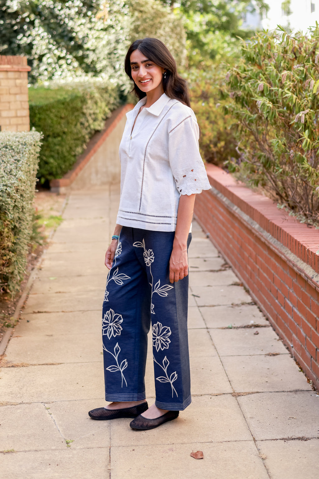 Stylish White Cutwork Linen Top and Denim Embroidered Pants Set