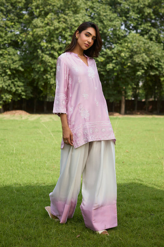 Traditional Pink Ombre Farshi Salwar Set with Embroidery
