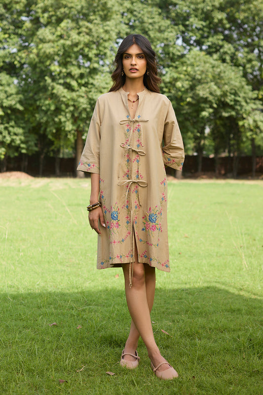 Women’s Beige Cross Stitch Embroidered Dress
