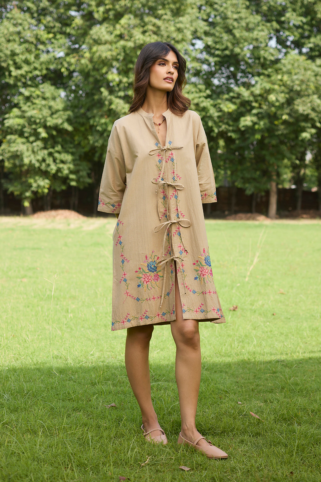 Women’s Beige Cross Stitch Embroidered Dress