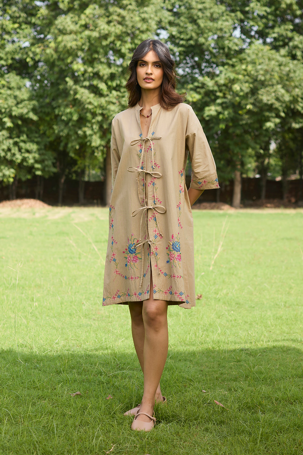 Women’s Beige Cross Stitch Embroidered Dress