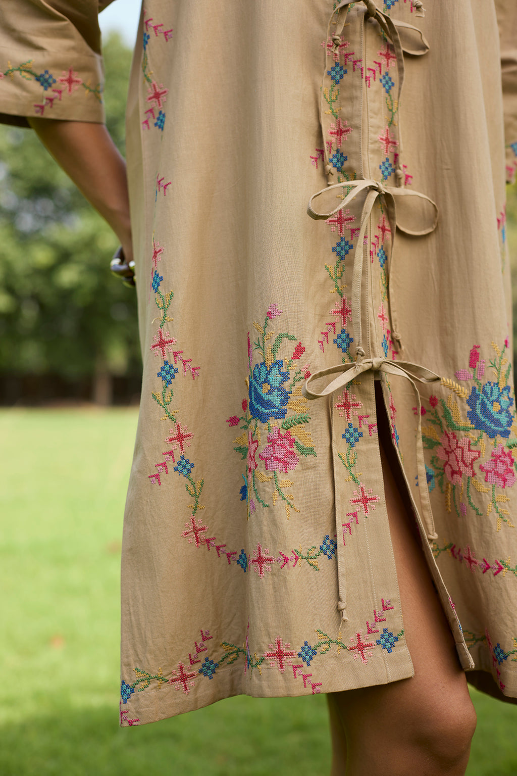 Women’s Beige Cross Stitch Embroidered Dress