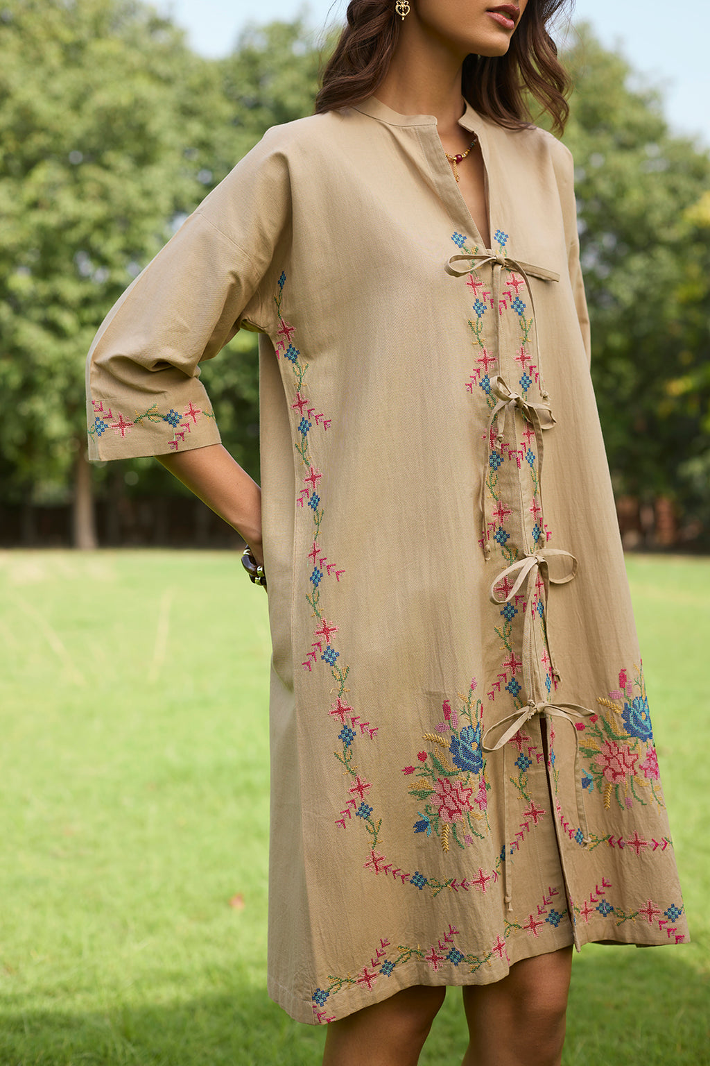Women’s Beige Cross Stitch Embroidered Dress