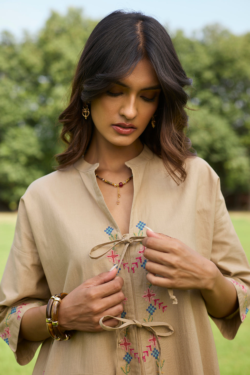 Women’s Beige Cross Stitch Embroidered Dress