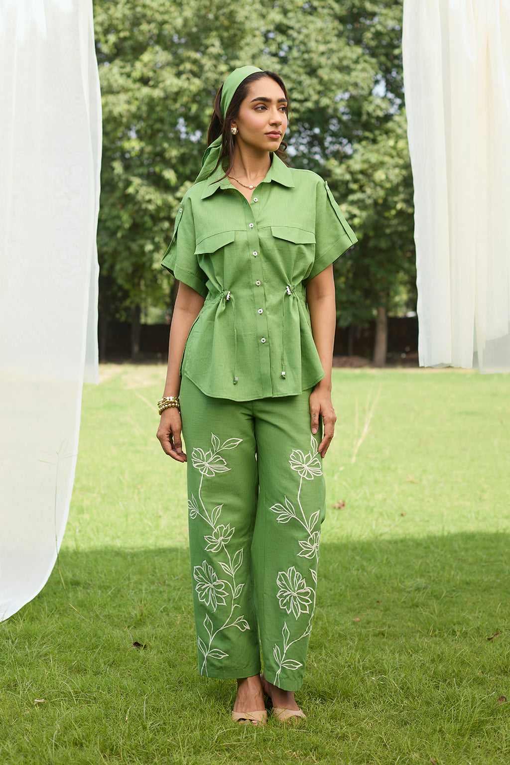 Elegant Green Linen Floral Embroidered Outfit