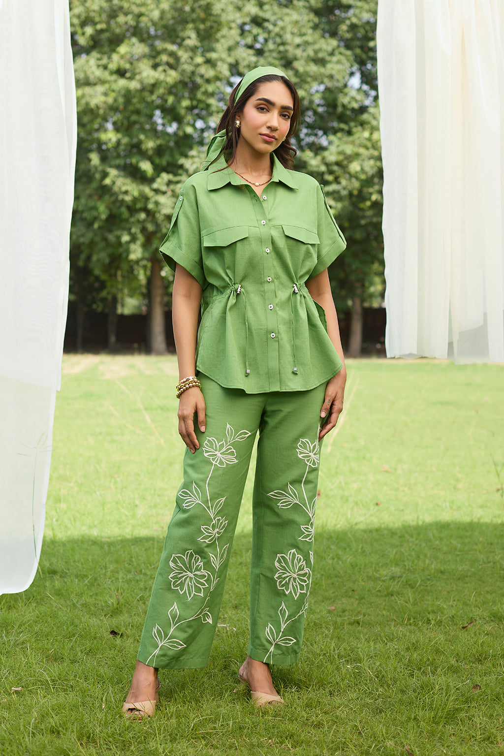 Elegant Green Linen Floral Embroidered Outfit
