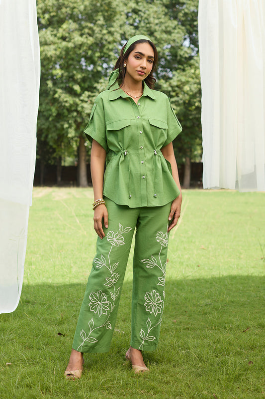 Elegant Green Linen Floral Embroidered Outfit