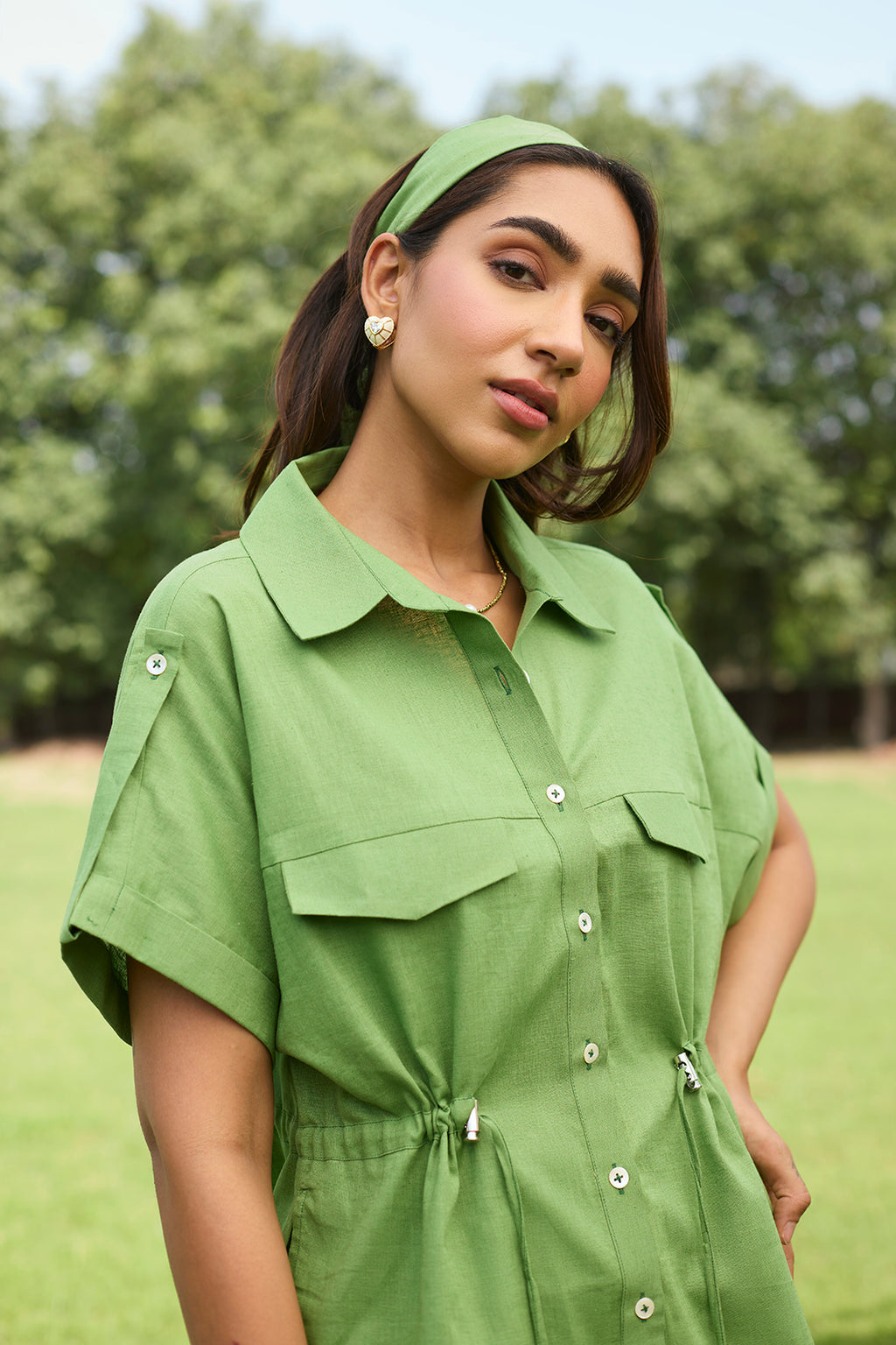 Elegant Green Linen Floral Embroidered Outfit