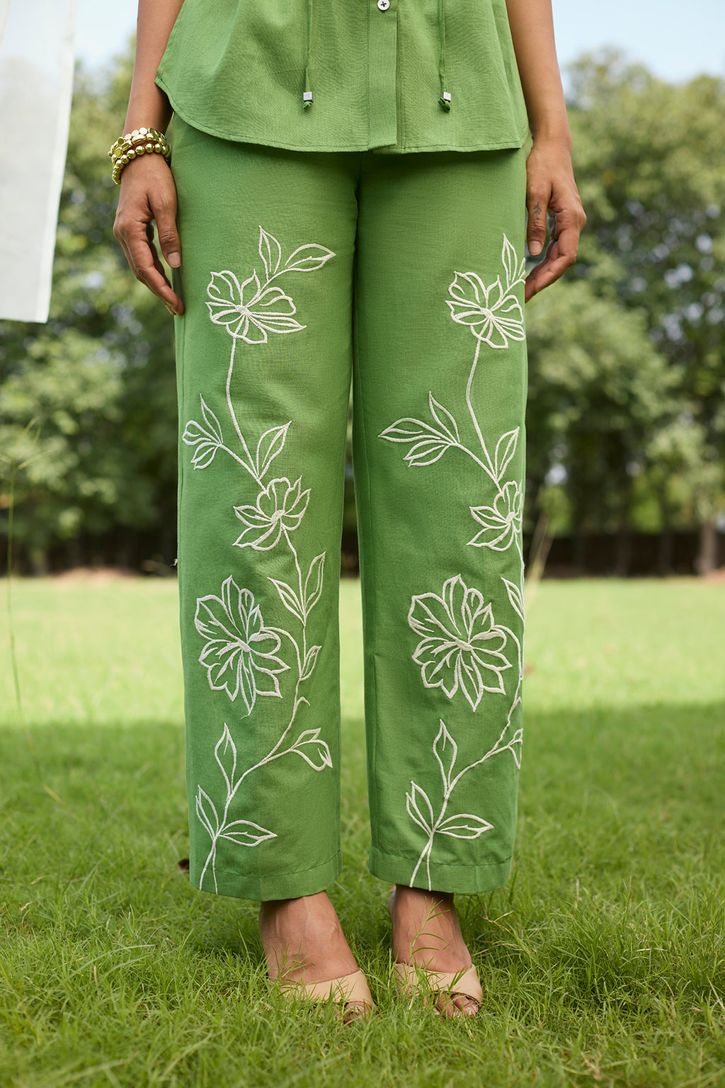 Elegant Green Linen Floral Embroidered Outfit
