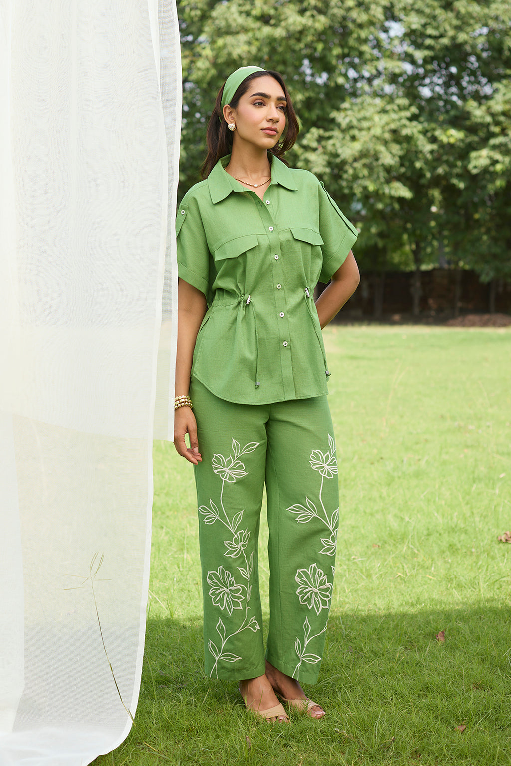 Elegant Green Linen Floral Embroidered Outfit