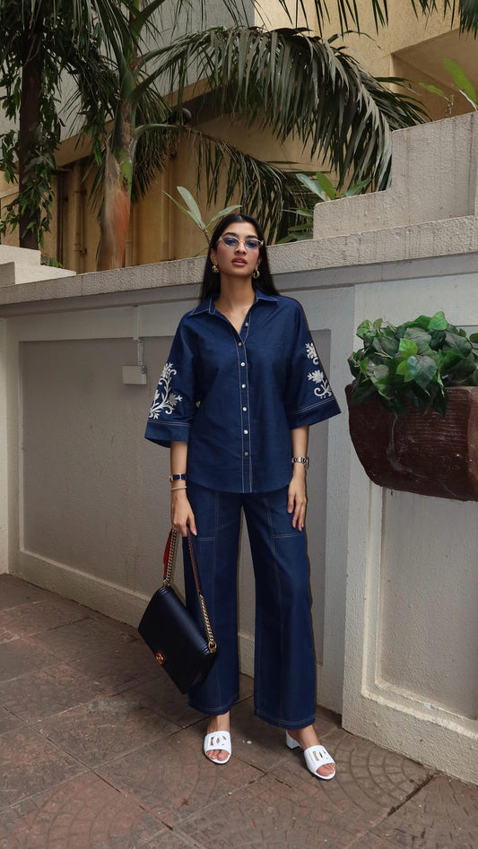 Noor Denim Embroidered Co-ord Outfit for Women