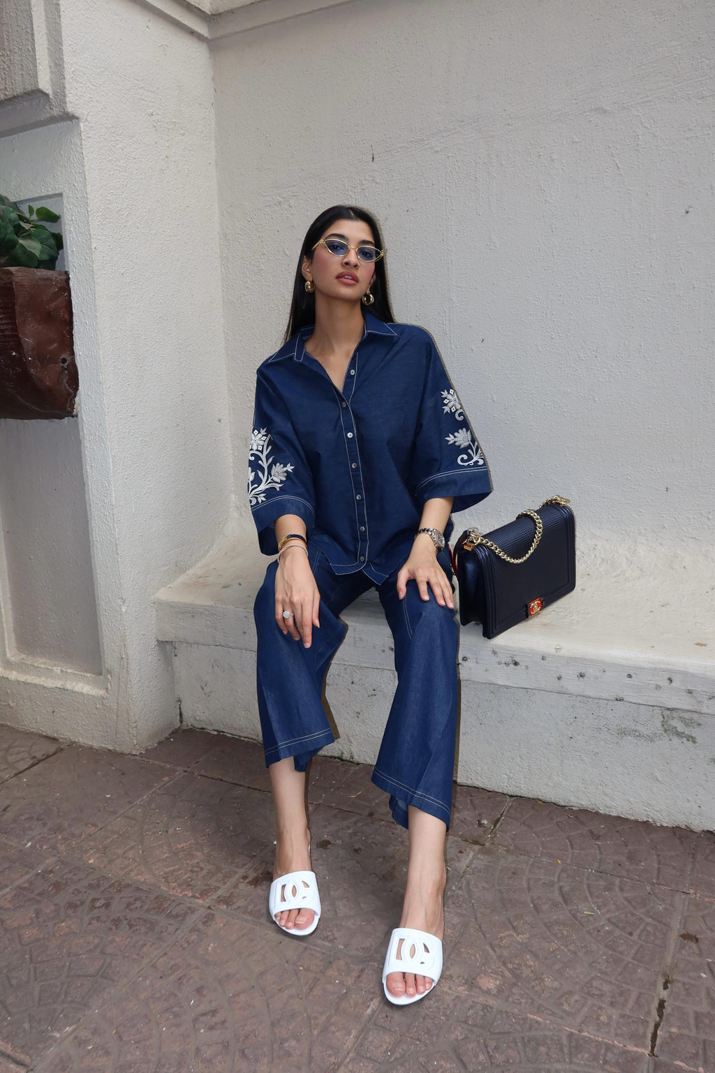 Noor Denim Embroidered Co-ord Outfit for Women