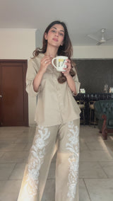 Elegant Beige Linen Floral Embroidered Outfit