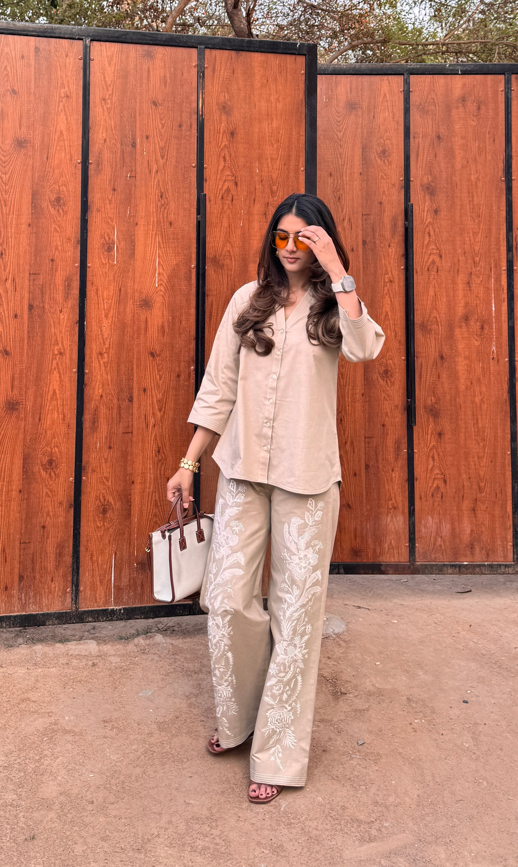 Elegant Beige Linen Floral Embroidered Outfit
