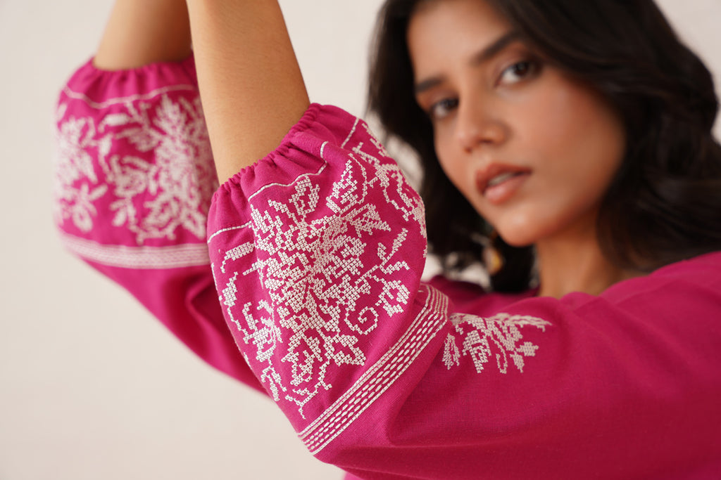 Vibrant Hot Pink Cross Stitch Summer Dress