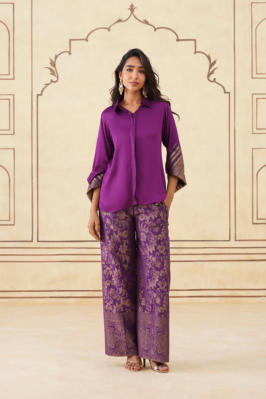 Stylish Wine Shirt with Golden Brocade Pants