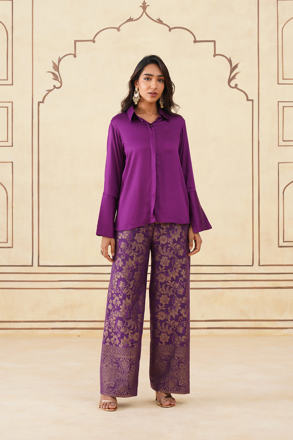 Stylish Wine Shirt with Golden Brocade Pants