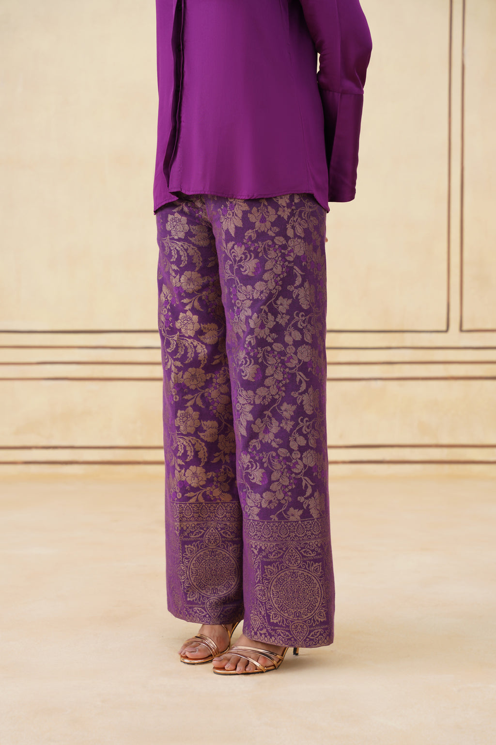 Stylish Wine Shirt with Golden Brocade Pants
